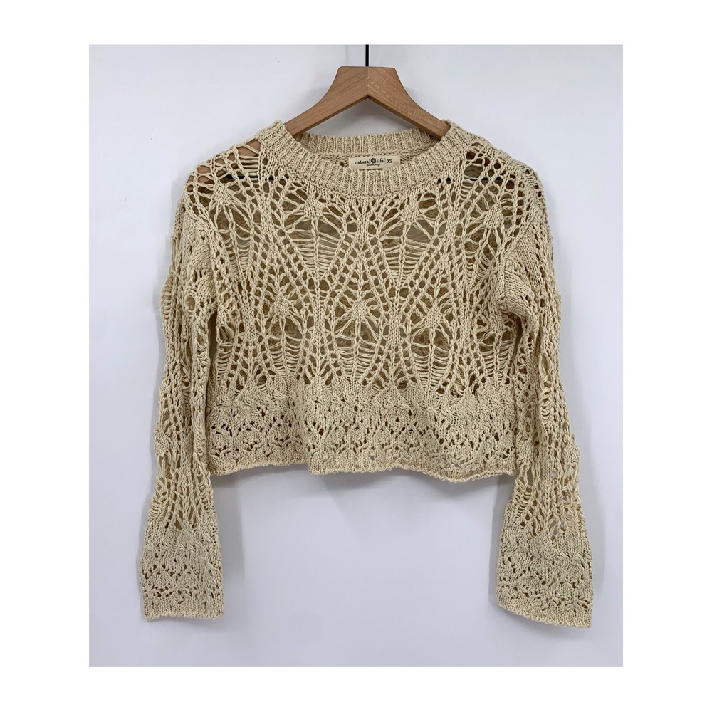 Natural Life Sweater Womens XS Beige Open Knit Crochet Long Sleeve Boho Beach